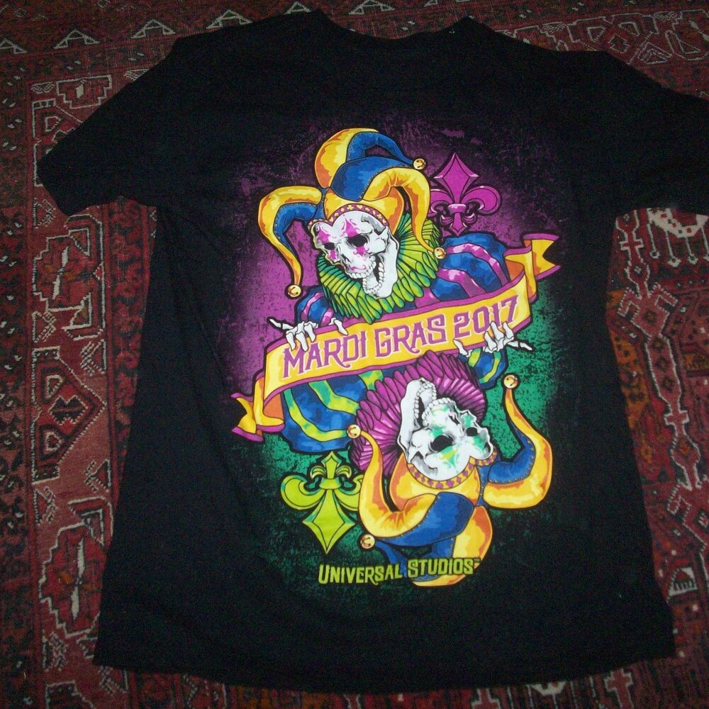 2017 Universal Studios Mardi Gras Shirt Black Purple Blue Jesters Size Medium